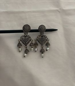 Antique Silver Tone Heart Jhumka Earrings