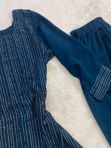 Teal Blue Rhinestone Work Kurti &amp; Parallel Trouser