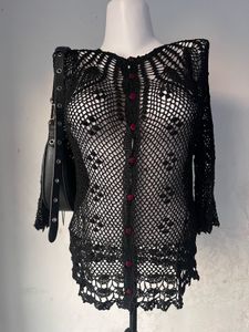 Black Crochet Button-Up Top