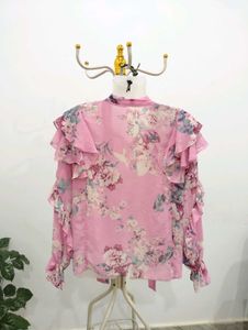 Chic Pink Floral Ruffle Blouse