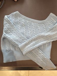 Light Blue Cable Knit Sweater off shoulder