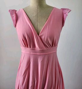 Pink Ruched V-Neck Dress