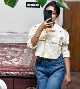 Cream Textured Cropped Shirt