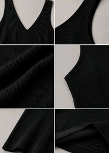 BLACK RIBBED V-NECK SLEEVELESS A-LINE MIDI DRESS
