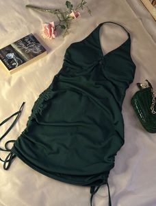Elegant Green Ruched Halter Dress