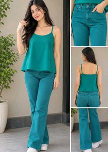 ✨ Stylish Teal Cami and Flare Jeans Set ✨
