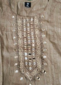 Beige Mirror Work Kurta &amp; Dupatta Set — Women's Et