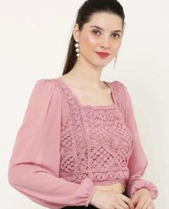 xs to M Pink Crocheted Square Neck Top