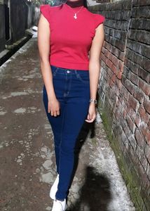 Roadster Crop Maroon Ribbed High Neck Top