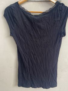 Black Lace Trim V-Neck Top