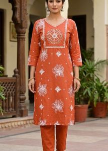 Orange Kurta Set with White Floral Print
