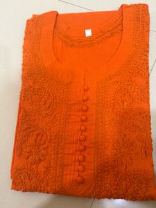 Vibrant Orange Embroidered Kurta Top
