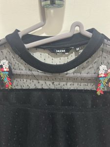 Nuon Sheer Embroidered Black Top