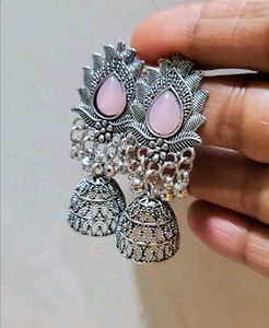 Elegant oxidise silver Pink Stone Jhumka Earrings