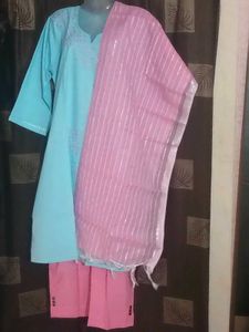 BrandNewKhadiCotton SkyBlueKurtiSetWithPinkColorP