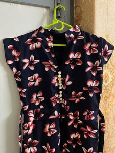 Navy Floral V-Neck Dress with Gold Buttons
