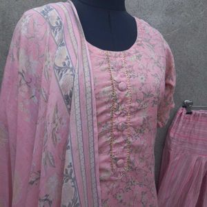 Elegant Pink Floral Cotton Kurta Set with Dupatta