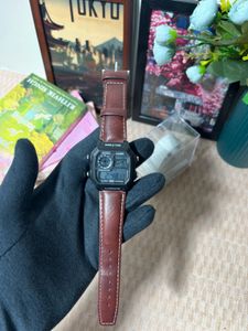 Stylish Digital Watch with Brown Leather Strap