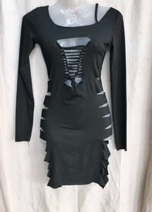 17109. Edgy Black Distressed Lace-Up Dress