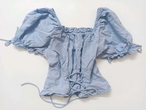 Light Blue Puff Sleeve Square Neck Top