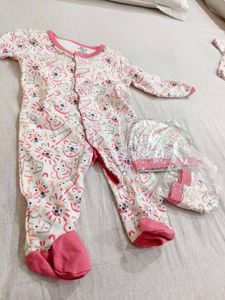 Cute Baby Girls Lion Print Sleepsuit & Hat
