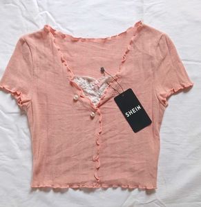 Sheer Lace Trim Cropped Ribbed Top