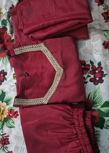 Maroon Kurta Set with Embellished Neckline