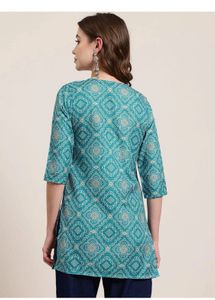 Teal Geometric Print V-Neck Kurta