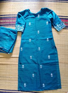 Teal Kurta Set with White Embroidery