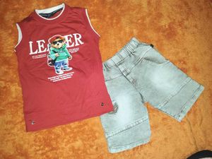 Cute Bear Print Sleeveless Top & Denim Shorts Set