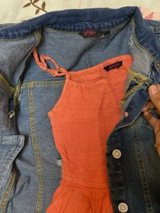 Stylish Denim Jacket with Orange Top