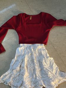 Chic Red Square Neck Top & White Skirt Set