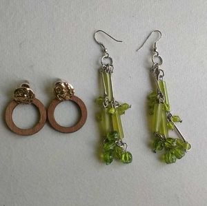 Chic Wooden Hoop & Green Beaded Dangle Earrings