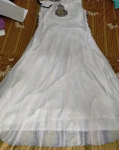 Elegant White &amp; Blue Embroidered Gown