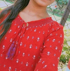 Red Floral Print Bell Sleeve Top