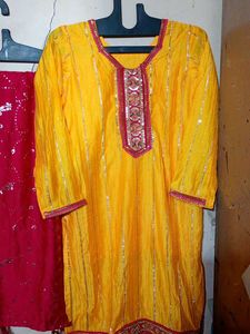 yellow and pink heavy sharara suit with