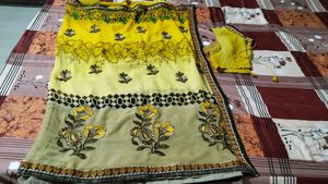 Yellow Floral Print Saree with Blouse