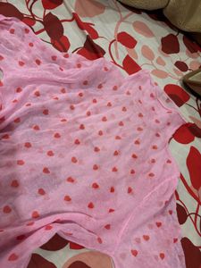Pink Heart Print Mesh Turtleneck Top