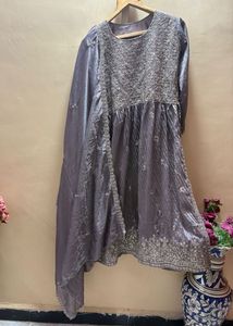 Grey Embroidered sequence long Kurta dupatta