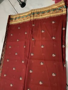 Elegant Red Saree with Elephant Print