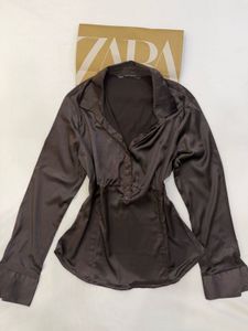 ZARA satin Brown Button-Down Top