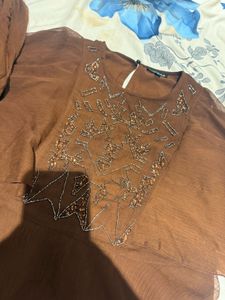 Brown Beaded Flared Top and pant