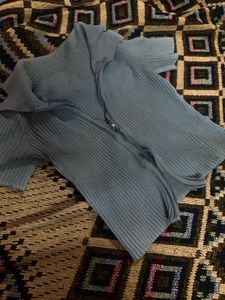 Blue Ribbed Zip-Up Top