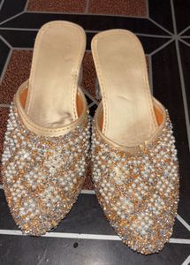 Embellished Gold Mules with Block Heels