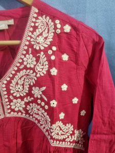 Utsa Red Embroidered Cotton Kurta