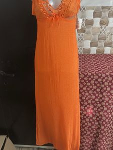 Elegant Orange Lace Trim Nightgown