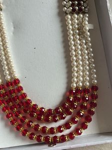 Layered Pearl and Red Bead Necklace