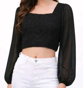 Black Cropped Sheer Sleeve Top with skirt combo