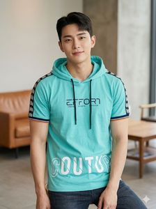 men cotton Teal Hooded T-Shirt