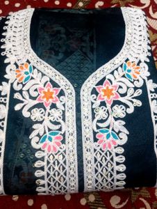 Embroidered Teal Velvet Kurta Set
